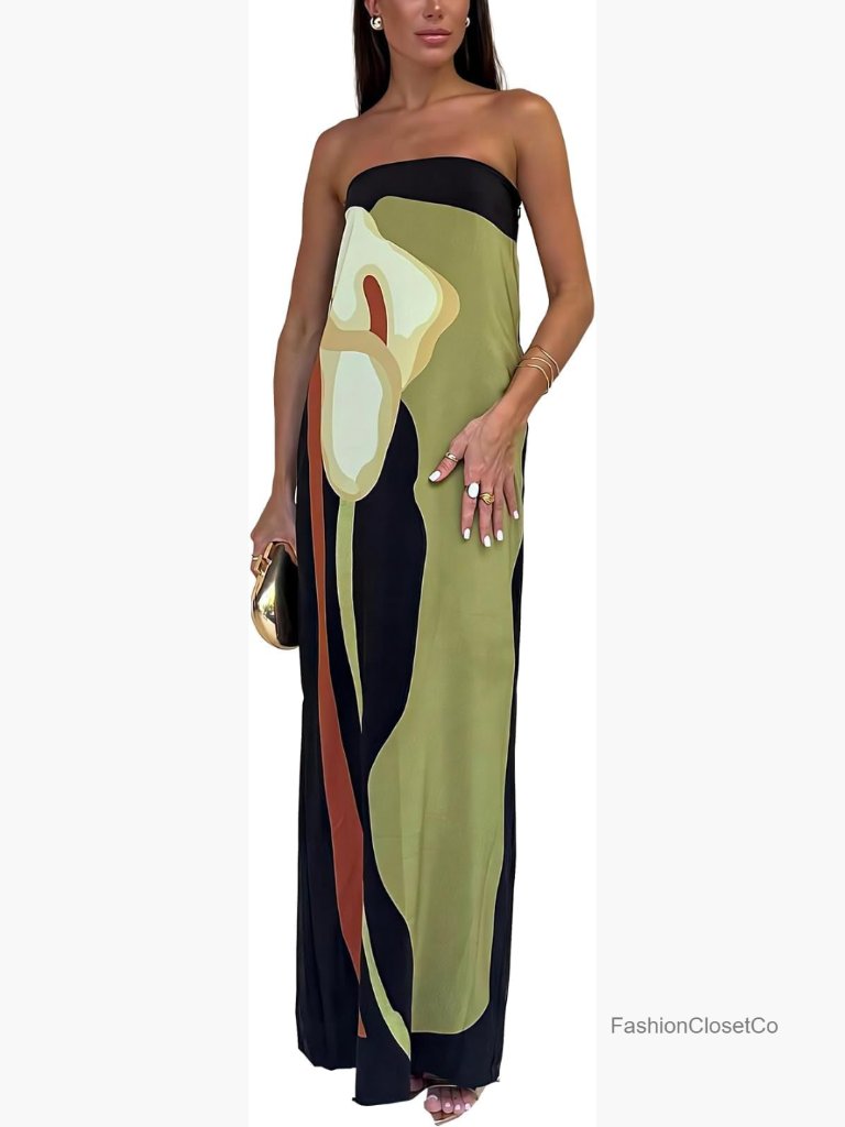 Strapless Maxi Dress With Floral Print, Backless, Off Shoulder
